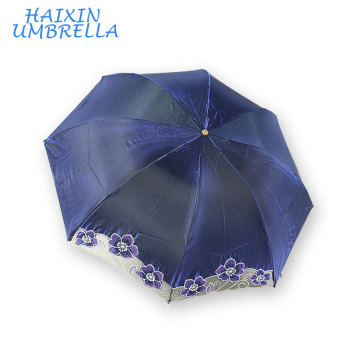 Bleu Couleur Promotionnels Produits Logo Impression Bon Prix Dames Dentelle Parasol 3 Pliage UV Parapluie Avec Service